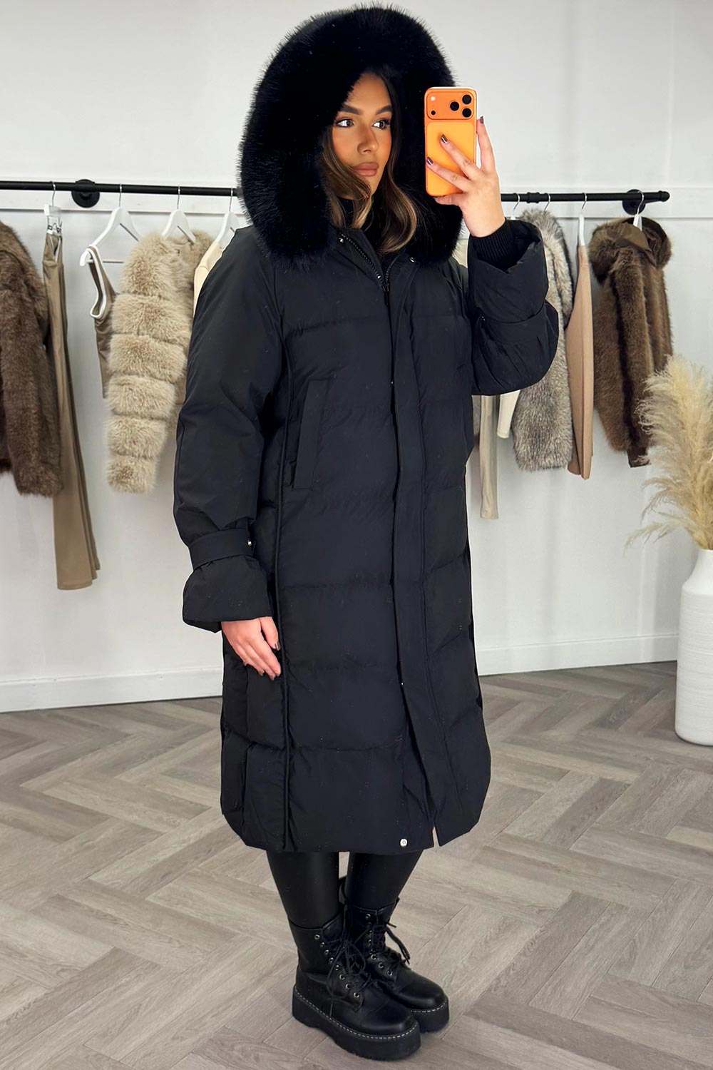 Long Puffer Down Coat With Faux Fur Hood Black
