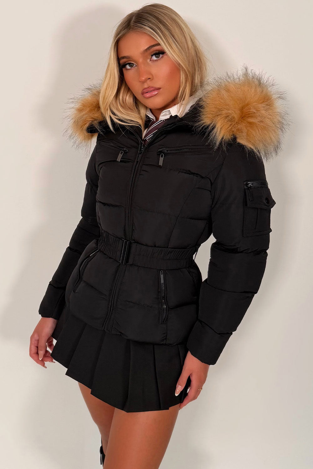 Faux Fur Hood Puffer Jacket With Belt Black