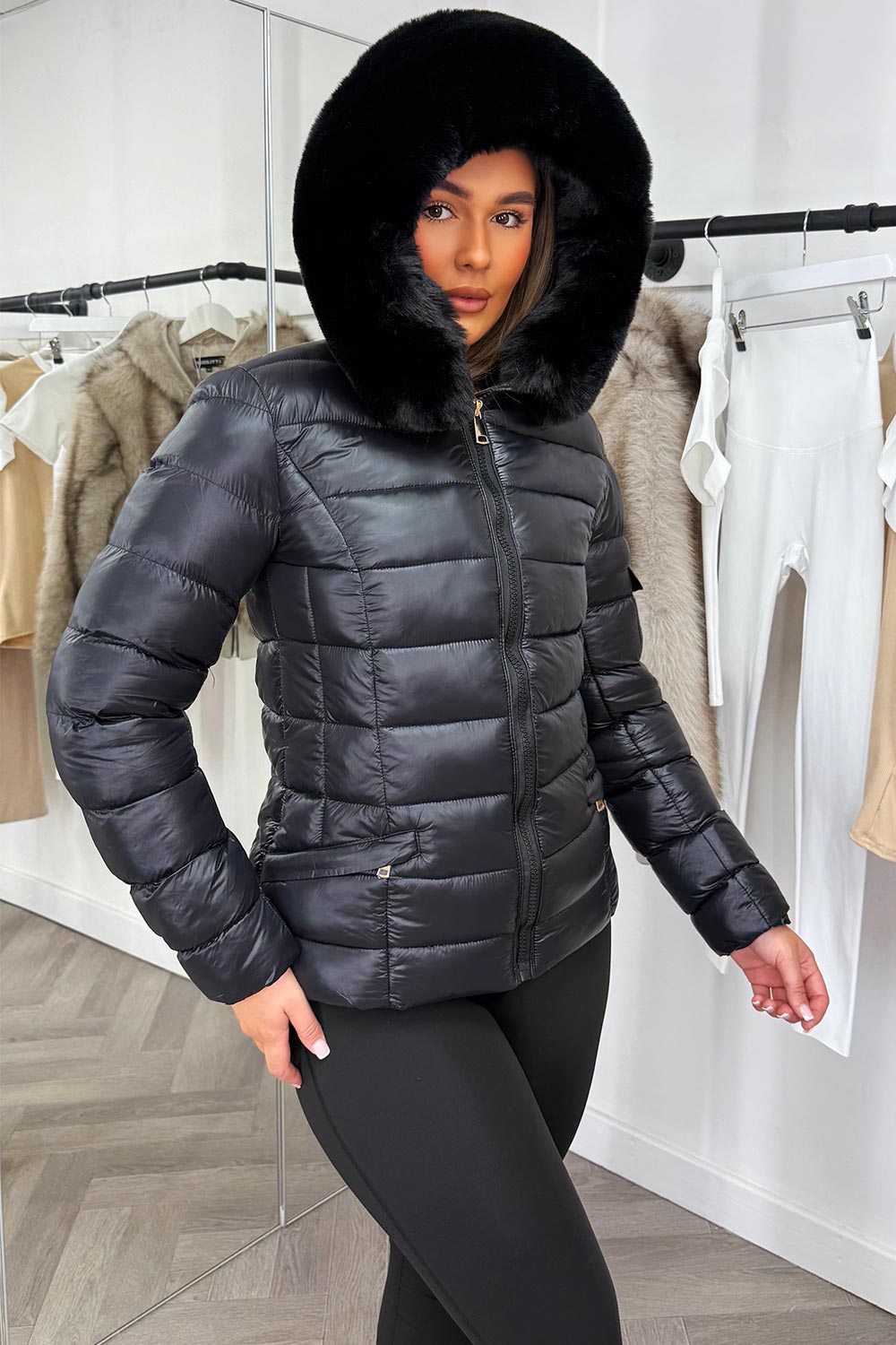 Black Shiny Puffer Jacket With Fur Hood