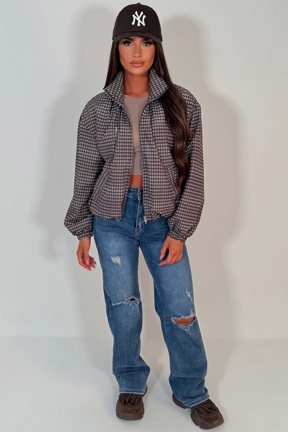 Check Jacket With Funnel Neck