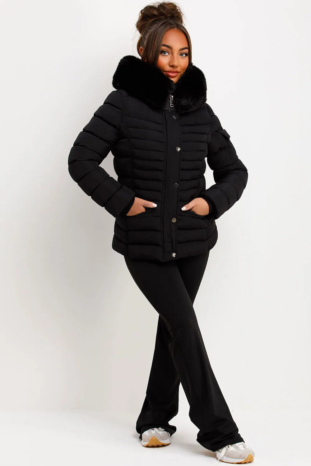 Puffer Jacket With Faux Fur Hood Side Buckle Detail Black