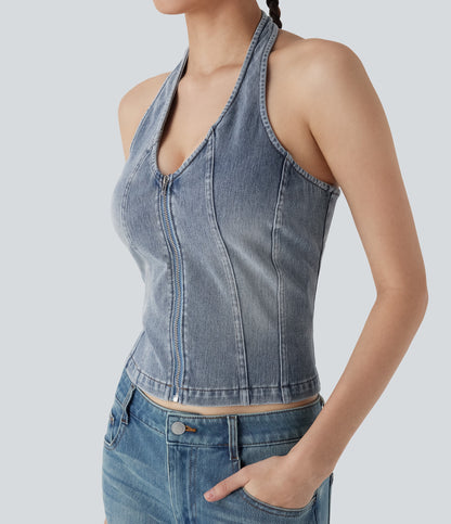 FlexTM Halter Zipper Washed Denim Casual Tank Top