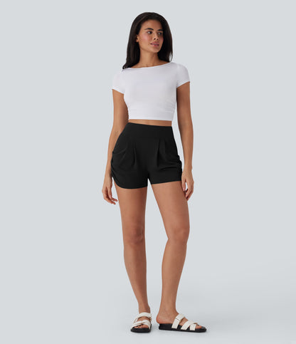 High Waisted Ruched Casual Shorts with Pockets
