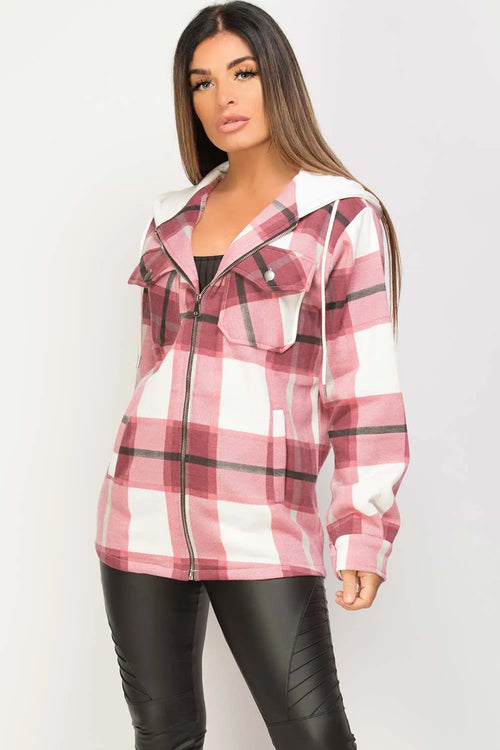 Check Hooded Shacket Wine Red