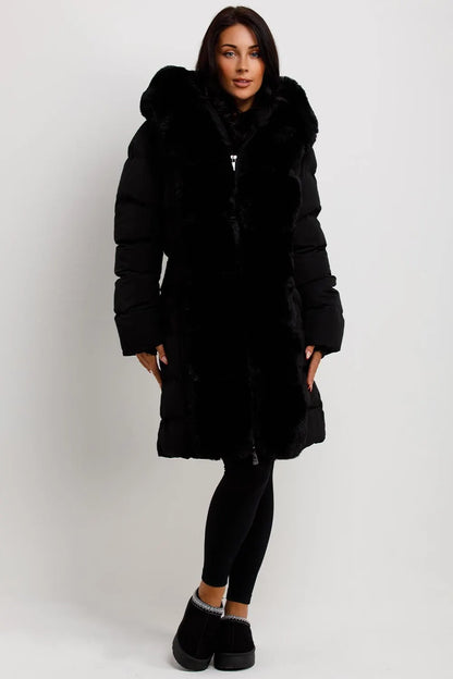 Black Long Puffer Padded Coat With Faux Fur Hood And Trim