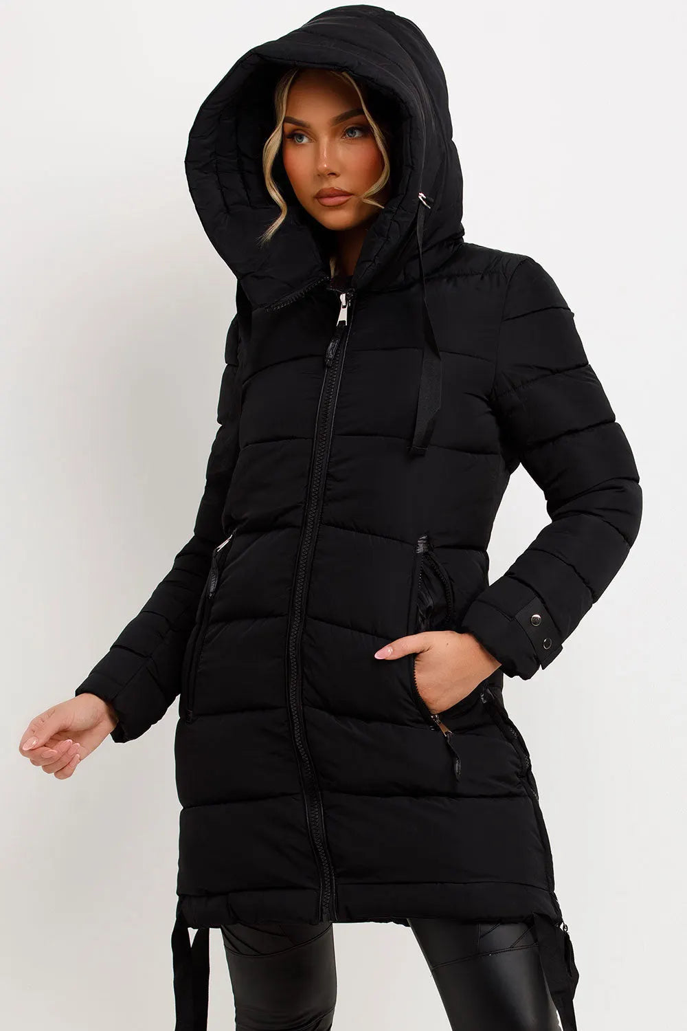 Long Puffer Coat With Hood And Side Straps Black