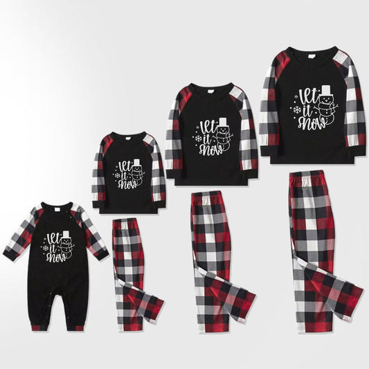 Christmas Family Matching Pajamas-Red and Gray Plaid Pjs set with "Let It Snow" Black & White Text Print