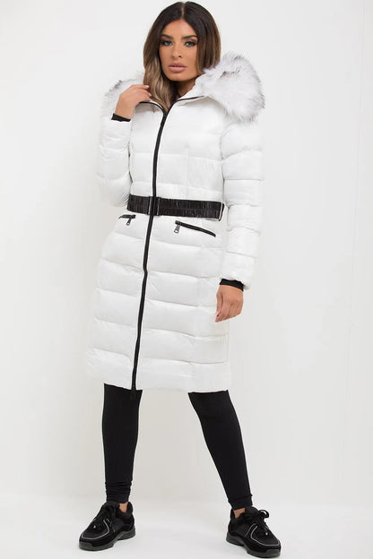White Long Puffer Padded Jacket With Faux Fur Hood & Belt