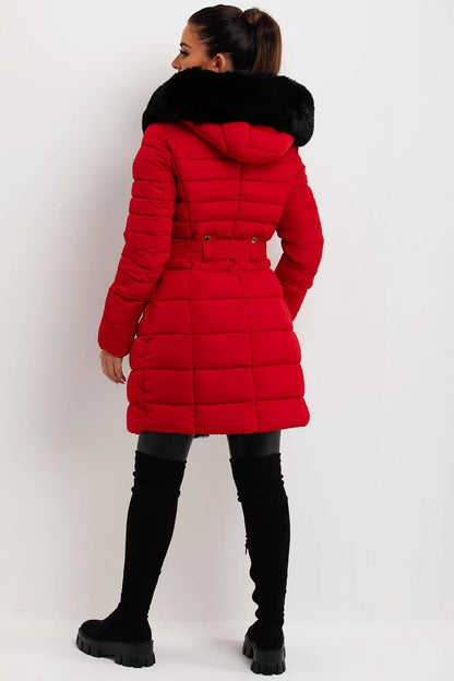 Puffer Padded Coat With Faux Fur Hood Red