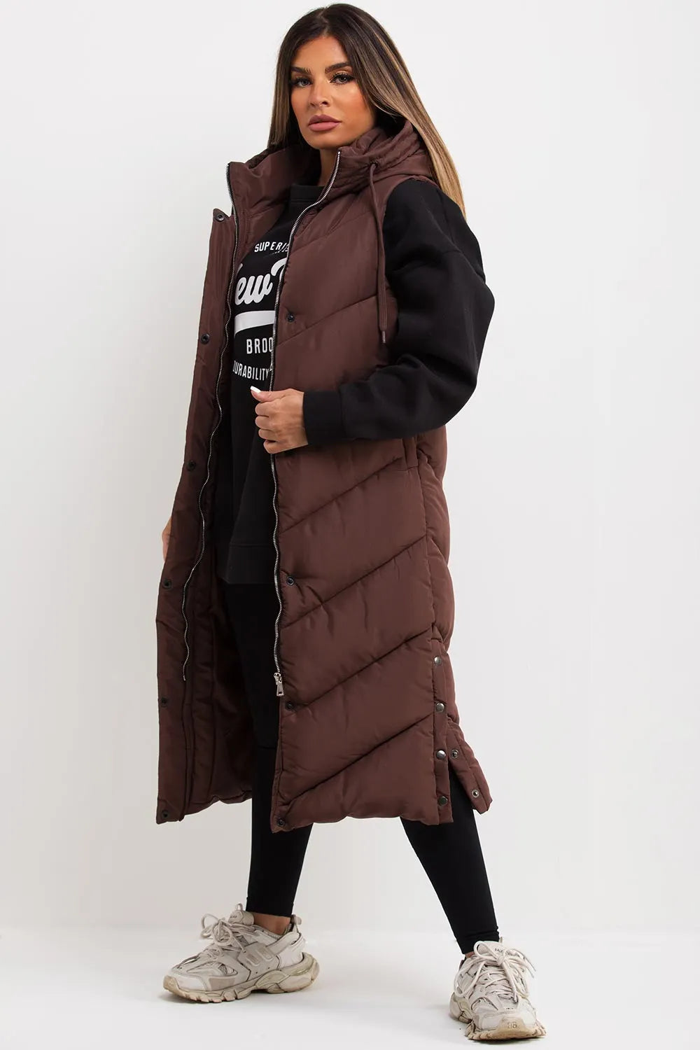 Brown Long Gilet With Chevron Padded Style