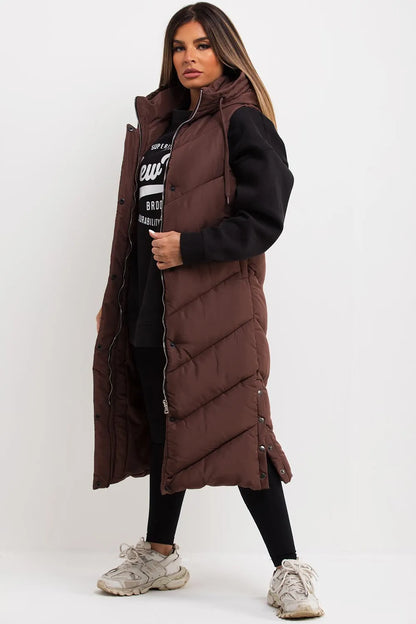 Brown Long Gilet With Chevron Padded Style
