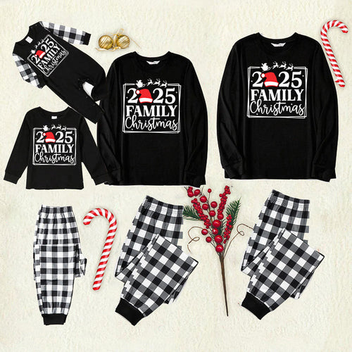"2025 FAMILY CHRISTMAS" Text and Sleigh Pattern - Black Long Sleeve Top with Black And White Plaid Pants Family Matching Pajamas