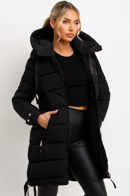 Long Puffer Coat With Hood And Side Straps Black