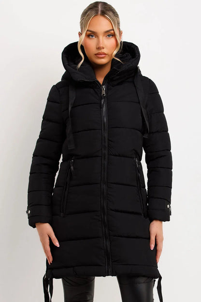 Long Puffer Coat With Hood And Side Straps Black