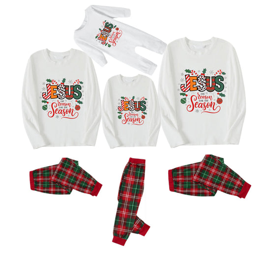 Christmas Pattern and “Jesus” Colorful Text Printed Red and Green Plaid Christmas Pajama Set