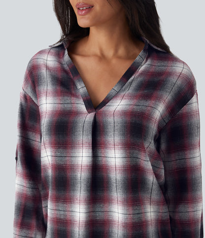 V Neck Curved Hem Plaid Casual Blouse