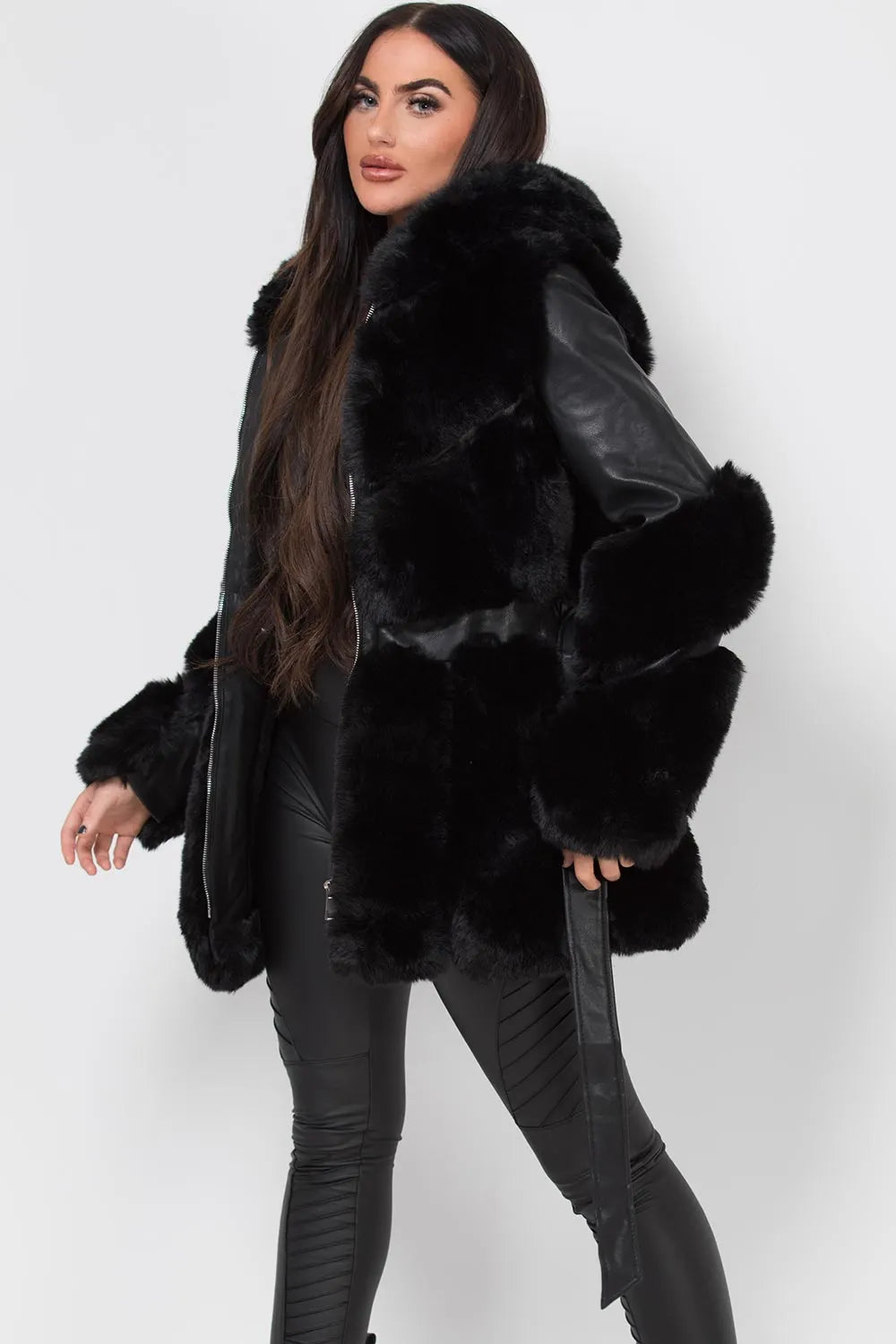 Faux Leather Faux Fur Panel Hooded Jacket With Belt Black