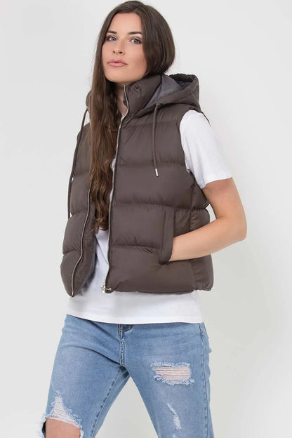 Hooded Puffer Gilet Sleeveless Jacket Chocolate Brown