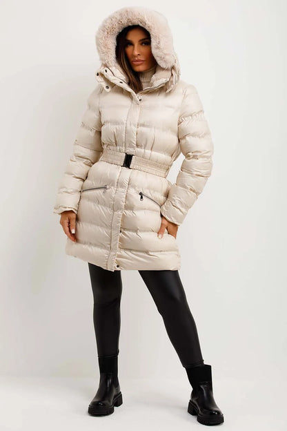 Puffer Padded Coat With Fur Hood And Belt Beige