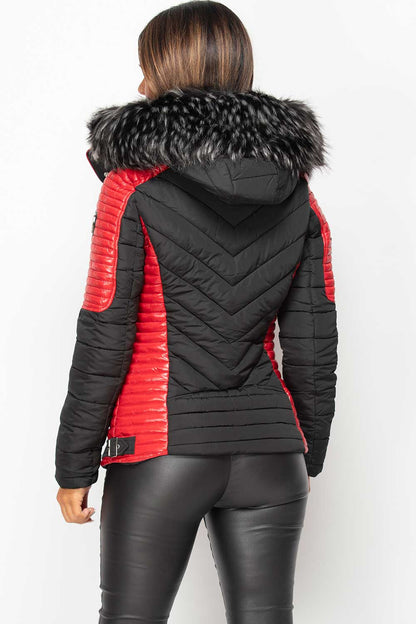 Puffer Coat With Faux Fur Black And Red