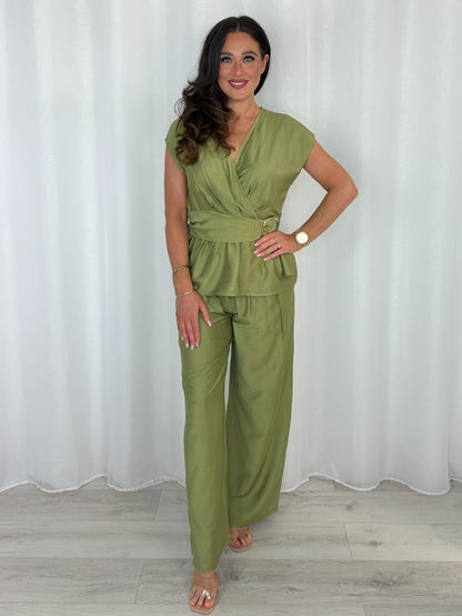 Gold Buckle Cap Sleeve Cross Over Top And Trouser Co-Ord (3 Colours)