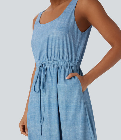 Sleeveless Drawstring Maxi Casual Dress with Pockets