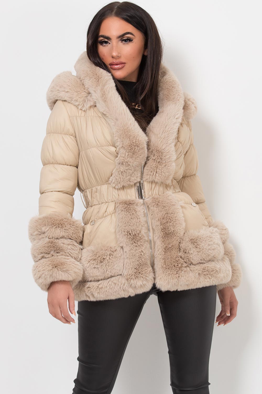 Faux Fur Trim Puffer Hooded Down Jacket With Belt Beige