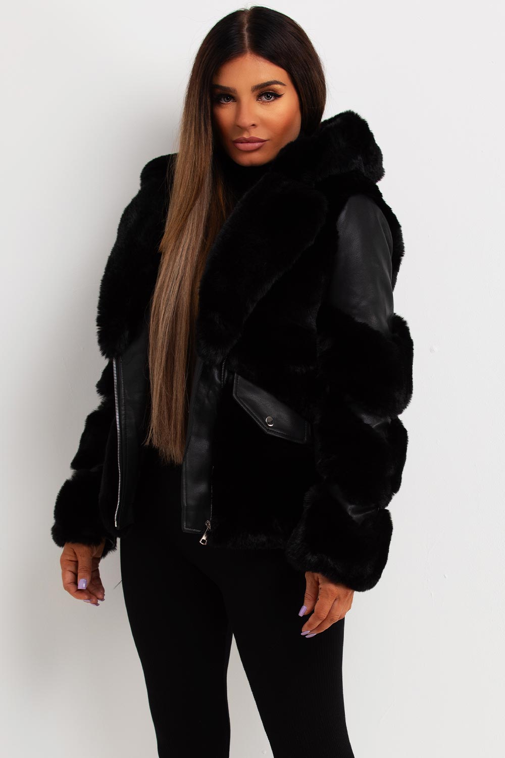 Faux Fur Lined Faux Leather Aviator Jacket Black