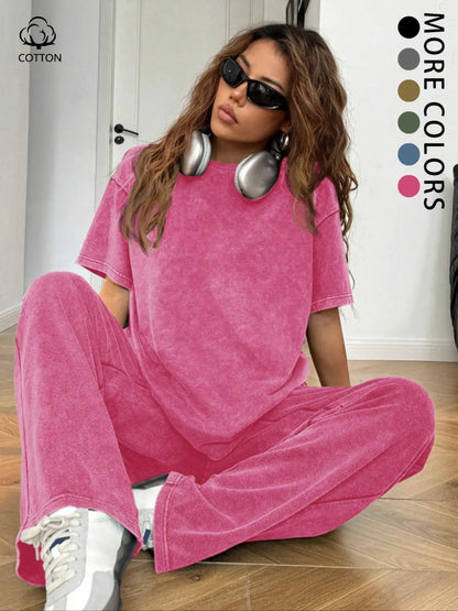 Women's Casual Loose Fit Acid Washed Cotton Short Sleeve T-Shirt and Long Pants Two-Piece Set, All Seasons, Plain Style