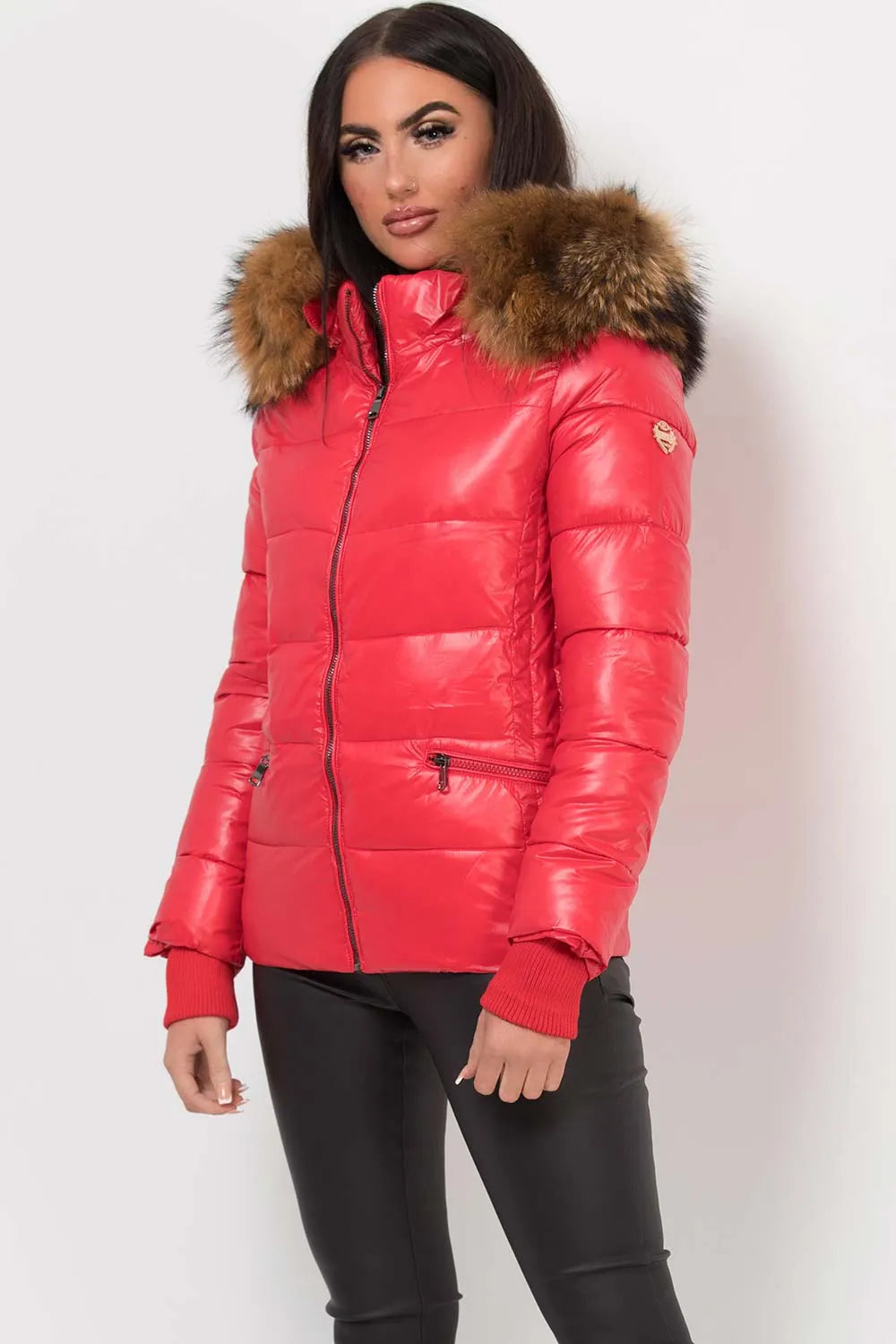 Puffer Jacket With Real Fur Hood Red