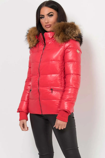 Puffer Jacket With Real Fur Hood Red