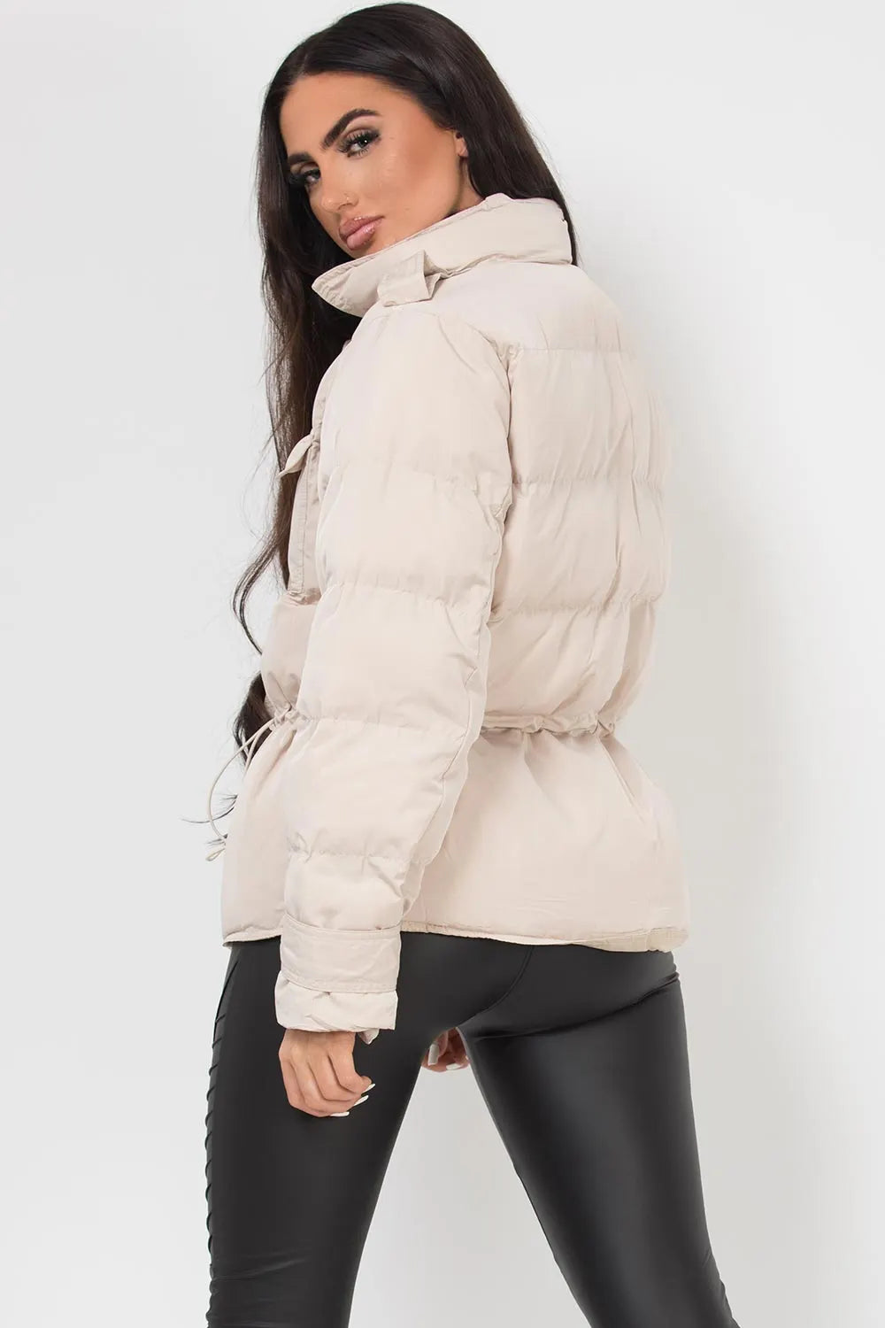 Puffer Jacket With Elasticated Drawstring Beige