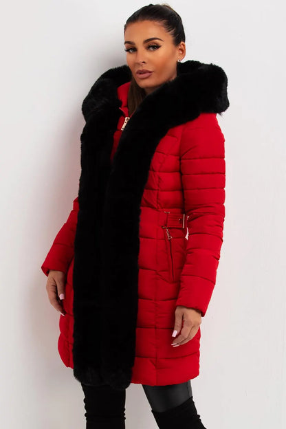Puffer Padded Coat With Faux Fur Hood Red
