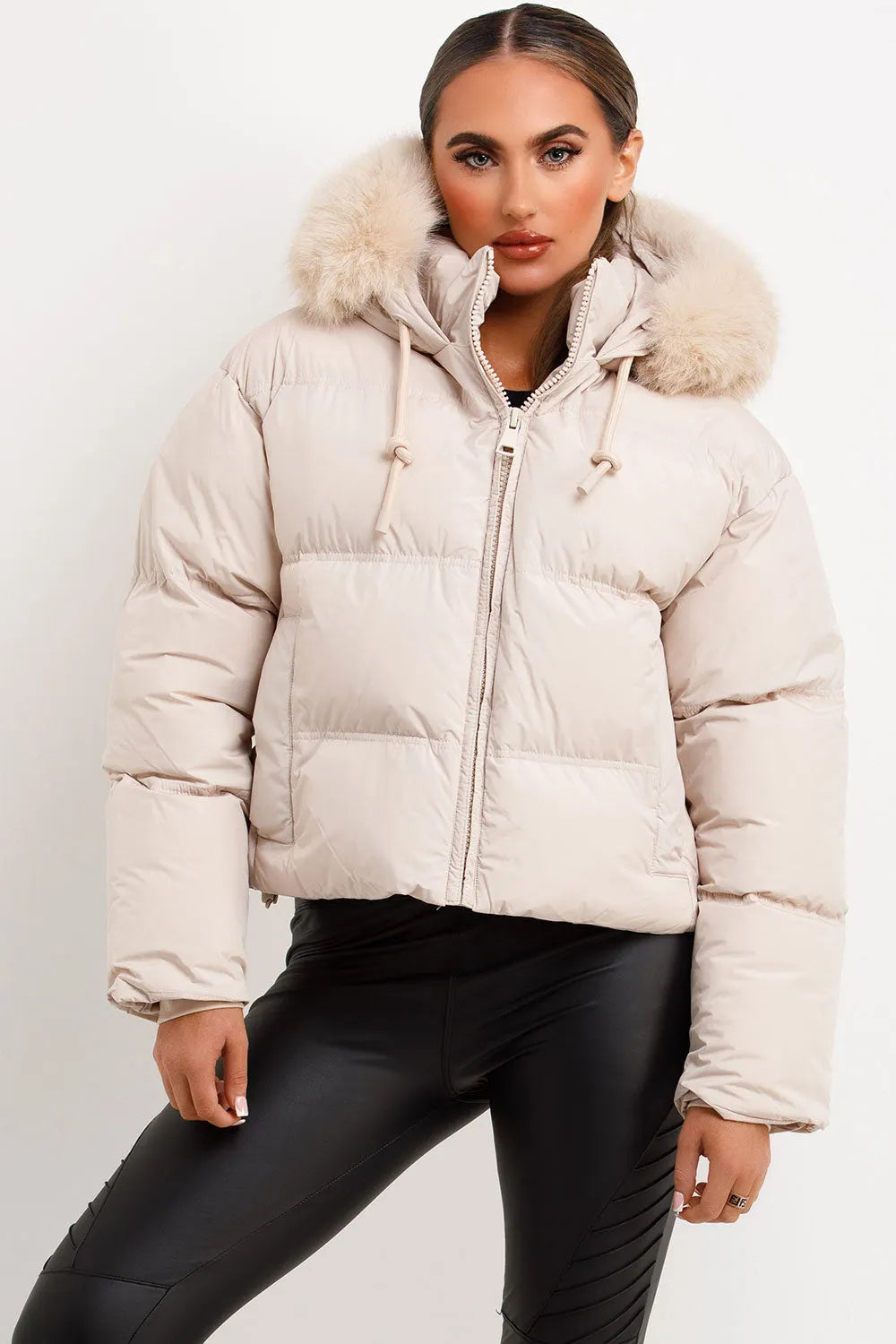 Puffer Jacket With Faux Fur Hood Beige
