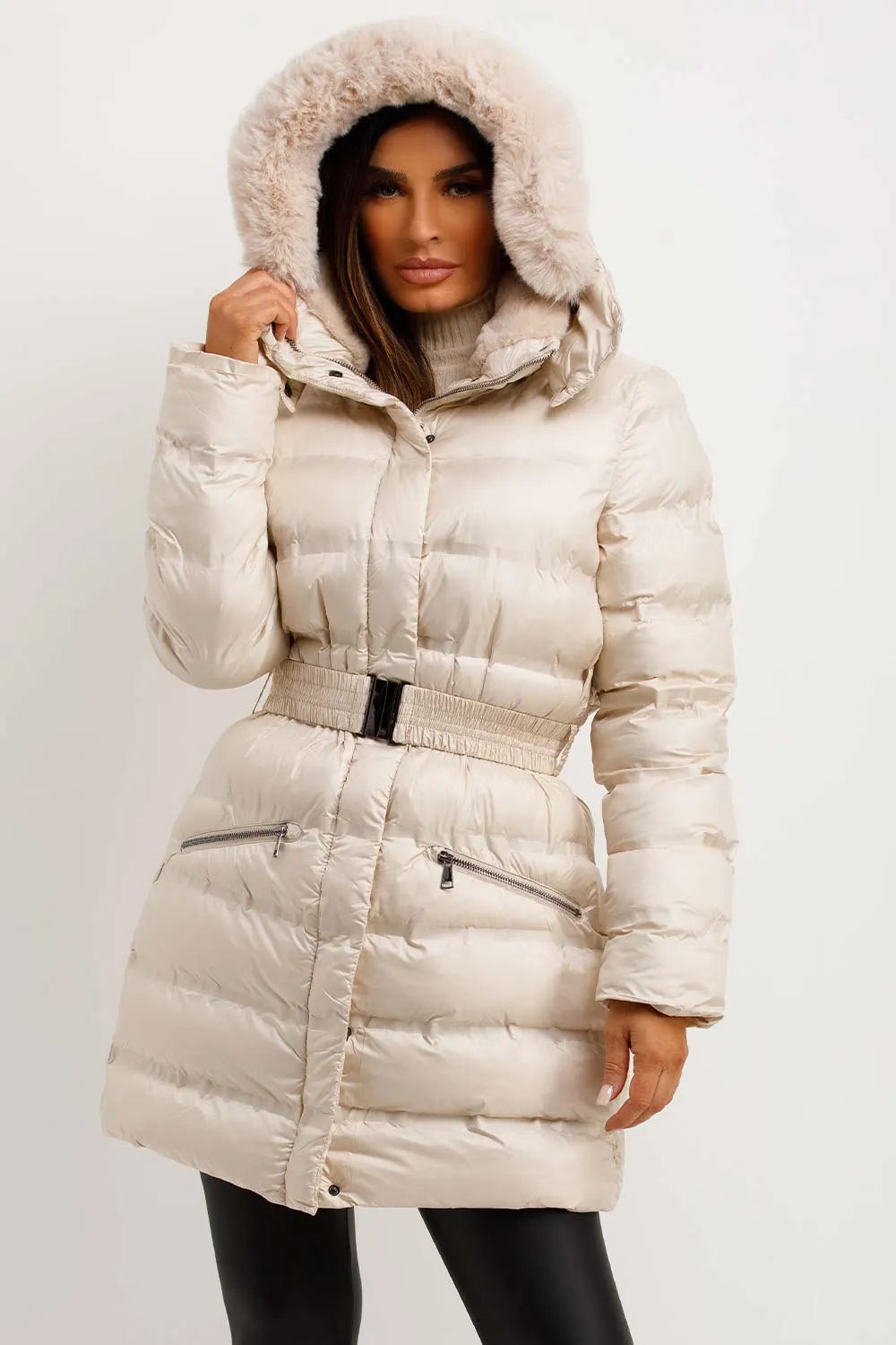 Puffer Padded Coat With Fur Hood And Belt Beige
