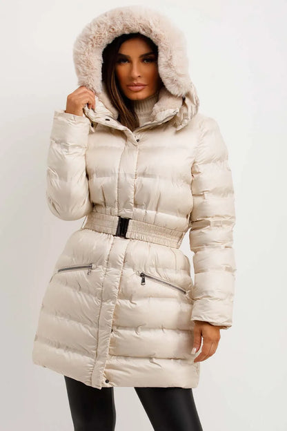 Puffer Padded Coat With Fur Hood And Belt Beige