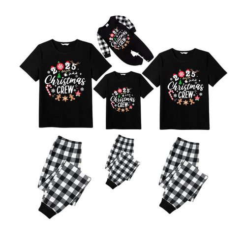 Christmas Crew 2025 Family Pajamas Set - Black Top Black and White Plaid Pants Candy Cane and Cookies Graphic