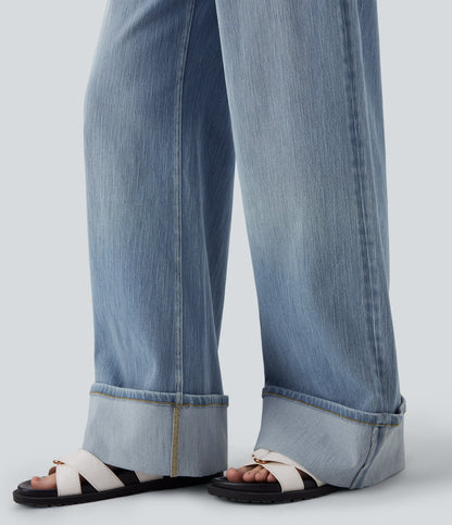 FlexTM Low Rise Rolled Hem Washed Casual Baggy Jeans with Pockets