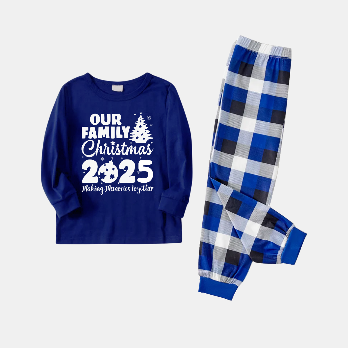 Our Family Chirstmas 2025 Making Memories Together' Letter Print (White) Blue Long Sleeves with Blue&White&Black Plaid Pants Family Matching Pajamas