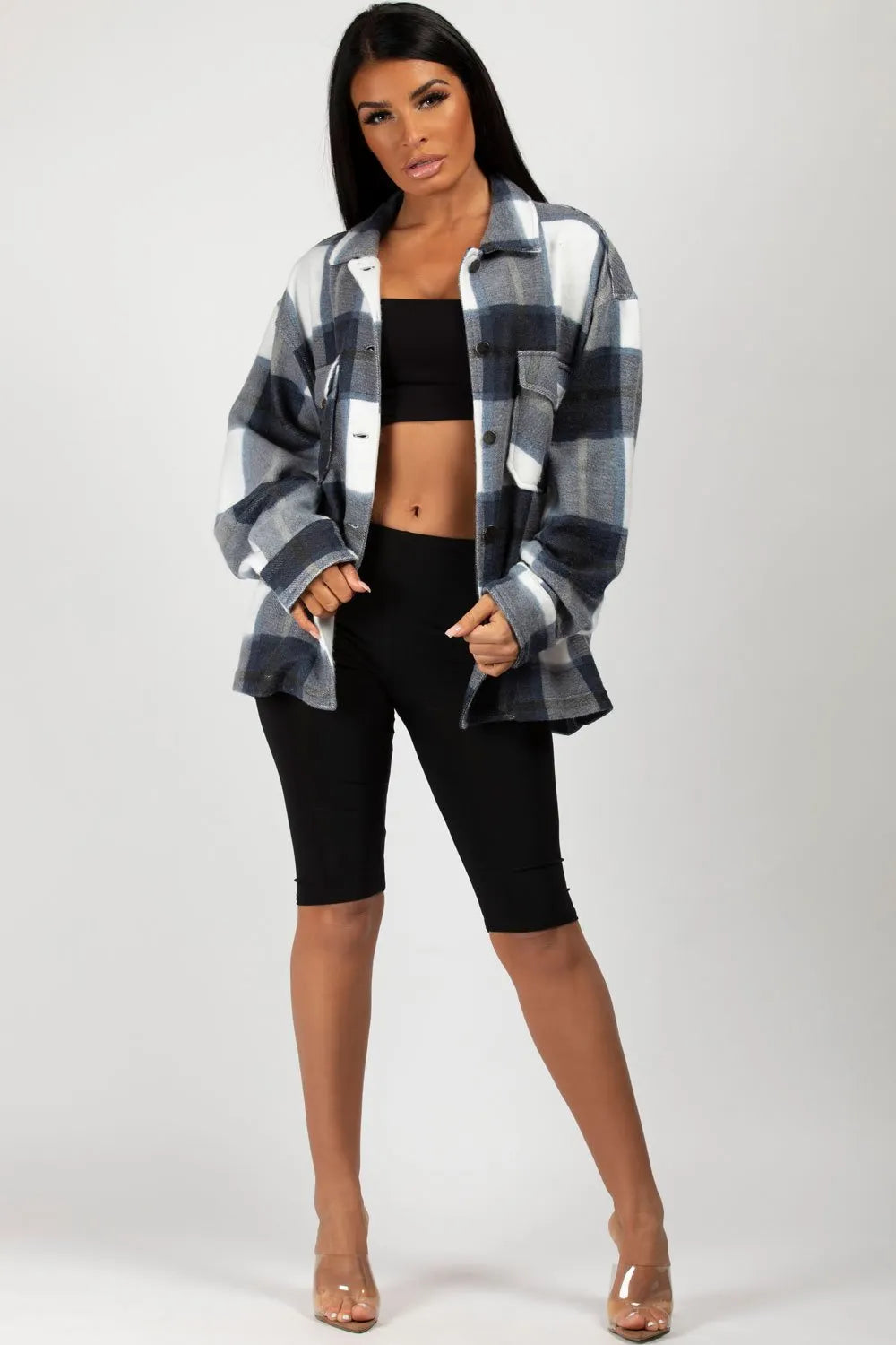 Navy Check Oversized Shacket Shirt Jacket