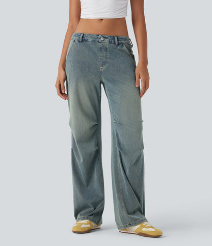 FlexTM Low Rise Adjustable Drawcord Stretchy Knit Casual Parachute Jeans with Multiple Pockets