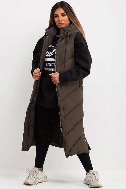 Khaki Long Gilet With Chevron Padded Style