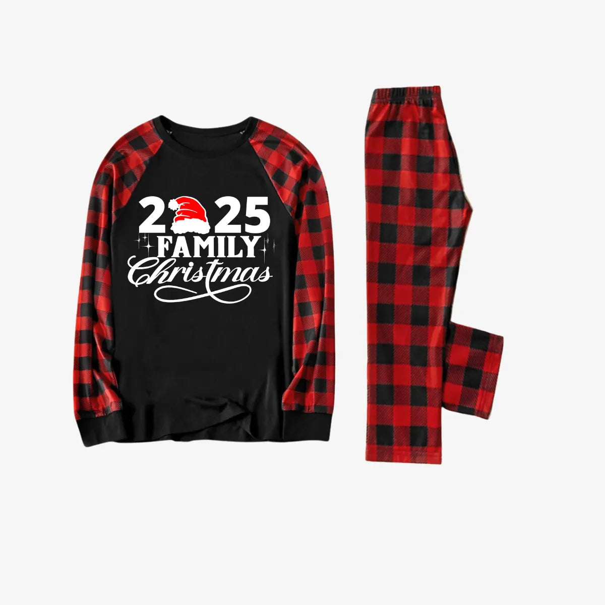 "2025 Family Christmas" Letter Print Black & Red Plaid Family Matching Black Pajamas