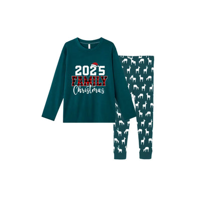 Christmas Family Matching Pajamas-Dark Green&Deer Patterned Pjs Set with "2025 Family Christmas" Text Print
