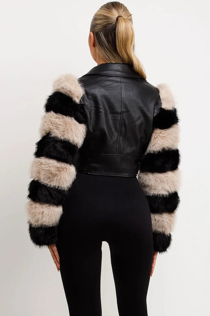 Faux Fur Faux Leather Aviator Jacket Black Contrast
