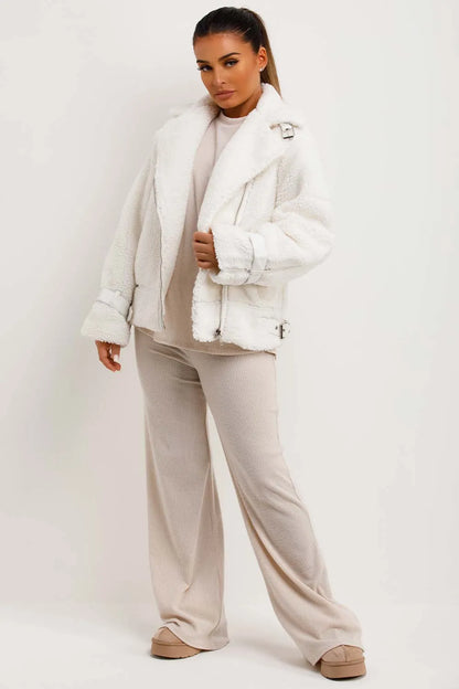 Cream Teddy Aviator Jacket Beige