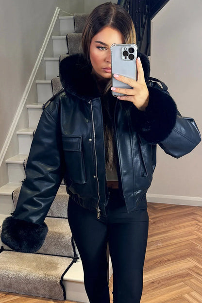 Faux Fur Bomber Jacket In Faux Leather Black