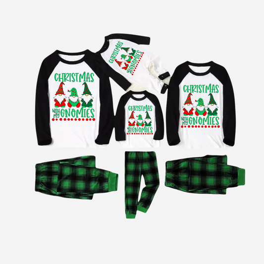 Black Raglan Top Green Plaid Christmas Pajamas Set With "Christmas With My Gnomies" Text Print
