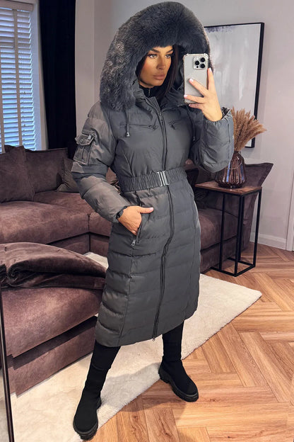 Longline Puffer Padded Coat With Fur Hood And Belt Grey