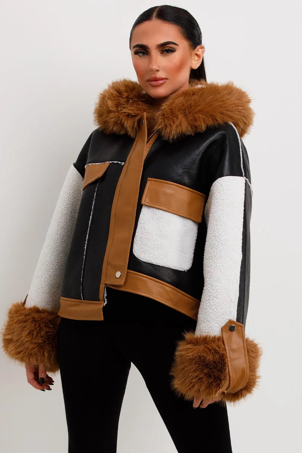 Shearling Faux Leather Jacket With Faux Fur Hood Black